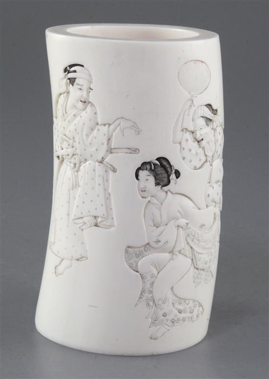 A Japanese ivory tusk vase, Meiji period, height 15.5cm, lacking base